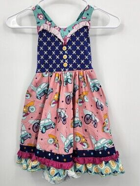 Wildflowers Girls Sundress Size 6 Pink Blue Bicycle Scooter Print Ruffle Dress